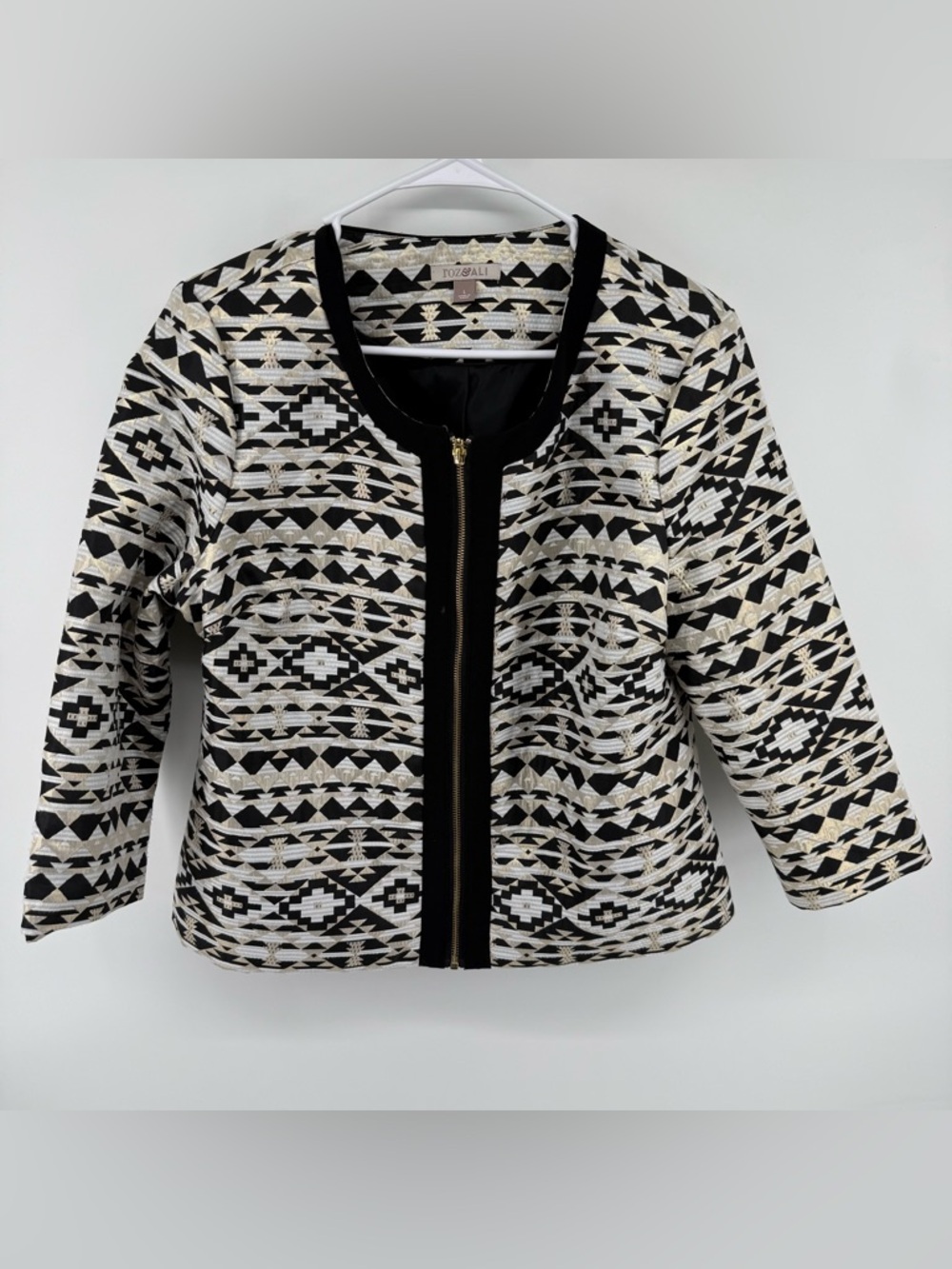 Womens Geometric Jacquard Zip Front Jacket Black Gold Metallic Large Roz & Ali‎